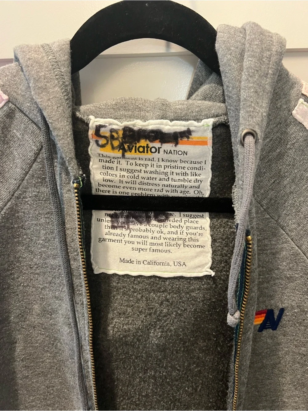 Aviator Nation Gray Hooded Zip-Up Sweatshirt with Pink Stripe Detail XS - Picture 3 of 4
